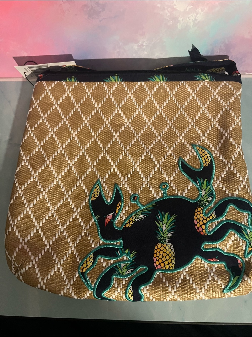 Vera Bradley Tan Woven Pouch with Black & Teal Crab and Pineapple Accents